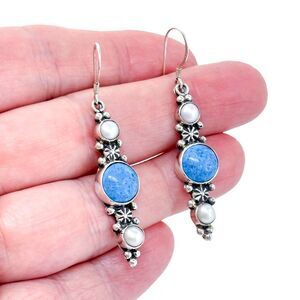 Vintage Sterling Silver 925 RB Pearl Sodalite Dangle Earrings